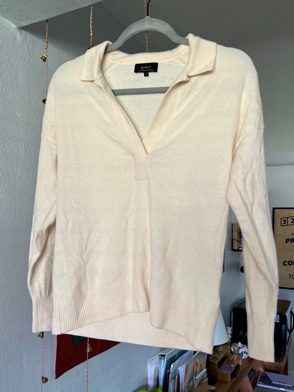 Quince Mongolian Cashmere Polo Sweater Quiet Luxury in Ivory - Size S - Picture 3 of 10